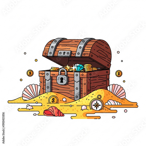 Minimalist Flat Illustration of Buried Treasure Casket Discovery Scene