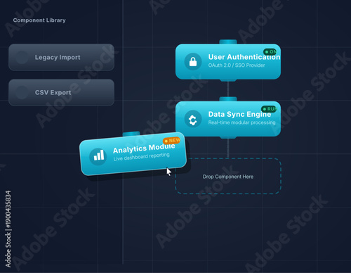 "A sophisticated, high-tech dark mode user interface showcasing a modular software building process. Glowing cyan and teal components like 'User Authentication' and 'Data Sync Engine' are connected 