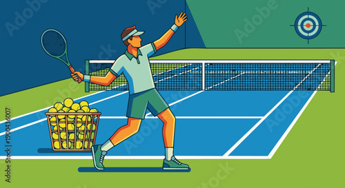 Tennis Player Practicing Alone

A flat vector illustration of a tennis player practicing alone on a court. Basket of tennis balls nearby. Flat vector style, training and focus theme.