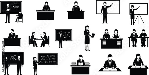 Business education silhouettes set, teachers and students at desks, presentations, meetings, learning activities isolated white background illustration concept, vector design