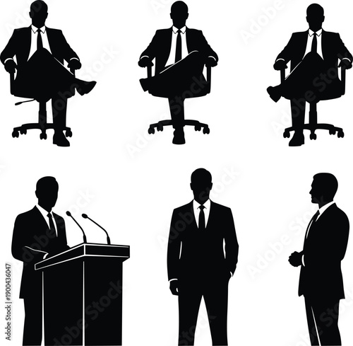 Business leader silhouettes set, executive men sitting, standing, speaking at podium, leadership authority concept isolated on white background illustration