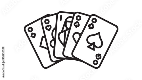 Playing cards with spade suit in simple line art style with black outline on white background for casino advertising