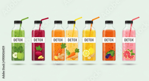 Assortment of Fresh Fruit and Vegetable Juices in Bottles.