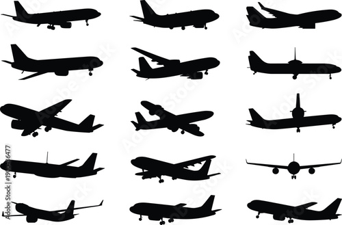 Airplane silhouette set, commercial aircraft collection, black vector illustration, aviation transport concept, passenger jet planes isolated on white background