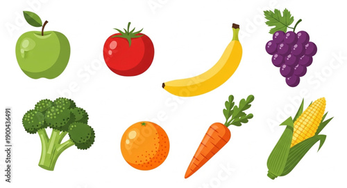 Assortment of Fresh Fruits and Vegetables Isolated on White Background.
