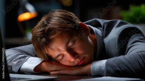 Young businessman exhausted and asleep at office desk late at night