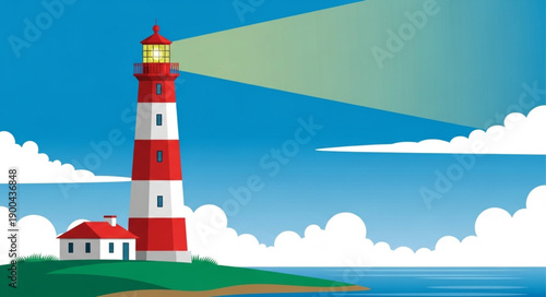 A tall red and white striped lighthouse shines its beam across the ocean.