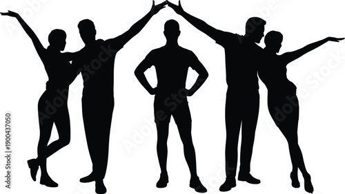 Dancing couple silhouette set, male and female ballroom dancers, black vector illustration, romantic partner poses, celebration and performance isolated on white