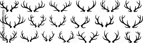 Deer antlers silhouette set, stag horn collection, black vector illustration, wildlife hunting symbols, rustic animal design elements isolated on white background
