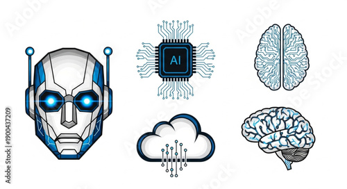 Artificial Intelligence Robot Brain and Cloud Computing Icons.