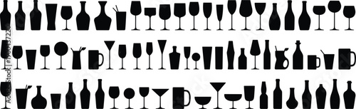 Drink glass and bottle silhouette set, barware collection, black vector illustration, cocktail wine beer glasses, beverage containers isolated on white background