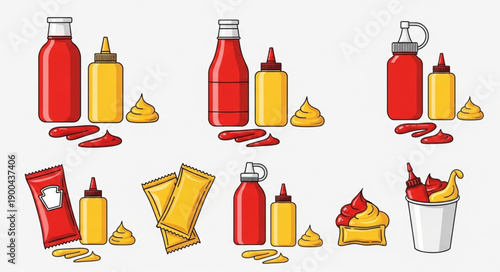 Assorted Ketchup and Mustard Bottles Condiments and Sauces.