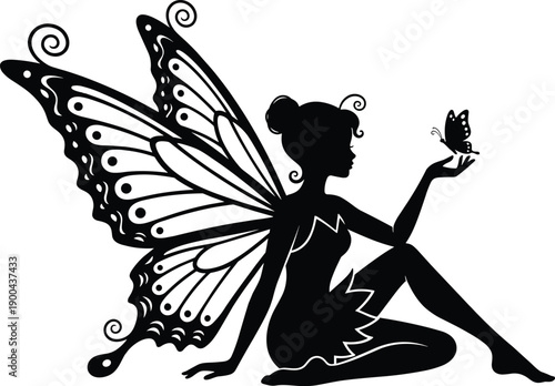 Beautiful Fairy Silhouette Vector Illustration Sitting and Holding a Butterfly, Elegant Mythical Creature with Butterfly Wings for Fantasy Magic and Wonderland Graphic Design