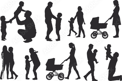 Happy family silhouette collection, parents and children together, black vector illustration set, parenting moments, baby stroller, love and care concept
