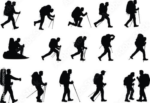 Hiking people silhouette set, backpackers trekking with poles, black vector illustration, outdoor adventure concept, mountain travel and exploration isolated on white