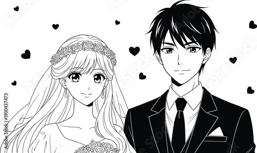 Anime Manga Style Wedding Couple Illustration Featuring Beautiful Bride in Veil and Groom in Suit with Hearts for Romantic Marriage Celebration Graphic Design