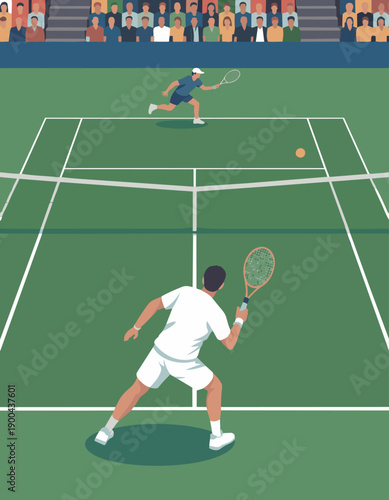 Tennis Player in Match

A flat vector illustration of a tennis player competing in a match. Opponent silhouette across the net, crowd in background. Flat vector style, competitive atmosphere.