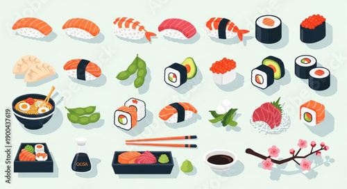 Assortment of Delicious Japanese Sushi and Rolls.