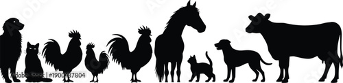 Black Silhouette Set of Diverse Farm and Domestic Animals Including Horse Cow Dog Cat and Rooster Representing Agriculture Veterinary Care Livestock and Animal Husbandry