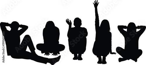 Black Silhouette Set of Diverse People Sitting on Floor in Relaxed Poses Raising Hands Representing Group Therapy Meditation Social Interaction Unity and Peaceful Community Lifestyle