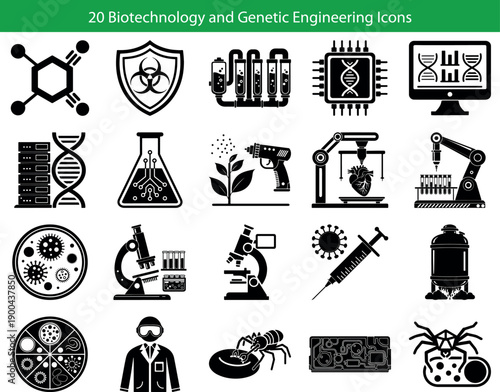 20 Biotechnology and Genetic Engineering Icons. Vector symbols for synthetic biology, crispr, and lab automation, including 3d bioprinting, mrna vaccine, nanobot, and dna data storage