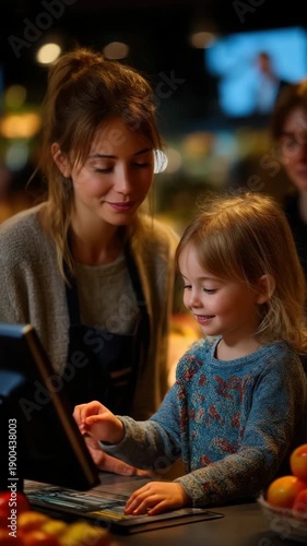 Woman and little girl enjoying quality time together at market