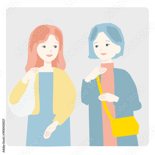 旅行やショッピングを楽しむ女性たちの主線なしイラスト