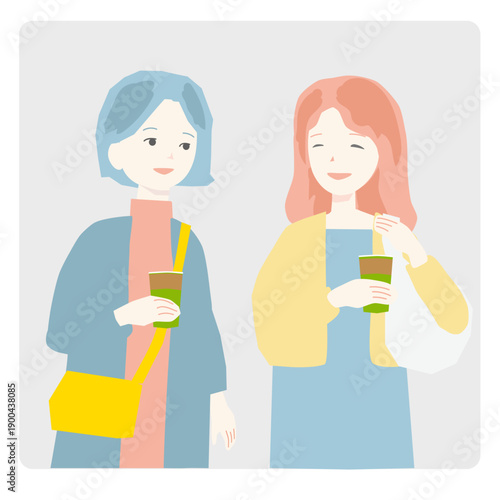 旅行やショッピングを楽しむ女性たちの主線なしイラスト