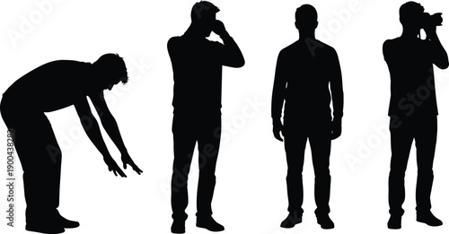 Male silhouettes showing emotional body language poses including stress, thinking, exhaustion, and observation isolated on white background for concept design use