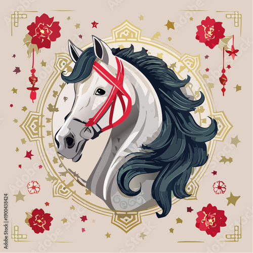 Illustration of a white horse's head with a red bridle, surrounded by gold and red Chinese-inspired designs on a beige background.