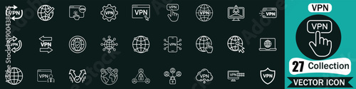 Virtual Private Network VPN and Cyber Security Protection Line Vector Icons for Safe Internet Browsing and Data Encryption