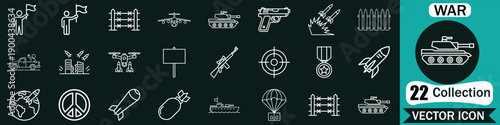 Military War Conflict and Defense Strategy Outline Icons Featuring Weapons Army Vehicles and Battlefield Equipment