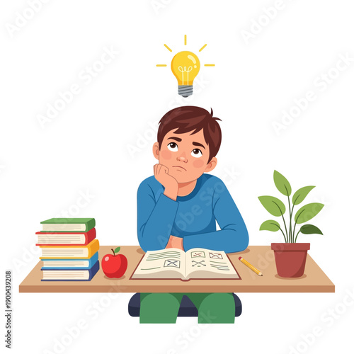 Boy Thinking With Lightbulb Idea Over Head, Studying At Desk With Books