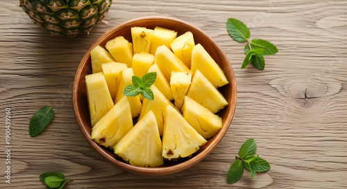 Freshly cut pineapple slices arranged artfully in a wooden bowl with mint leaves, showcasing a vibrant tropical fruit delicacy