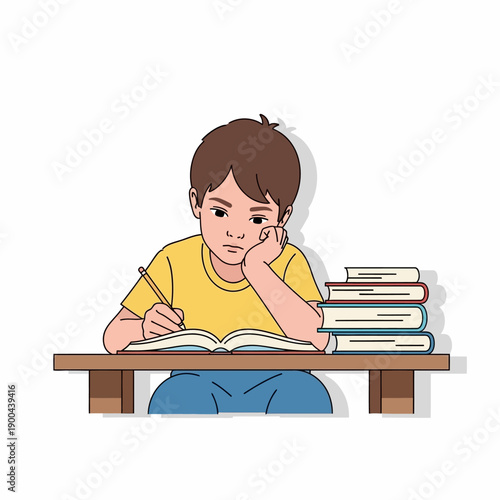 Bored Boy Studying at Desk with Stack of Books, Learning Difficulties