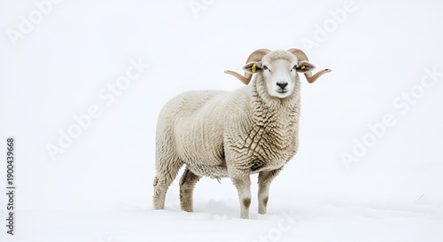 A lone sheep stands in a snowy landscape viewed from the front