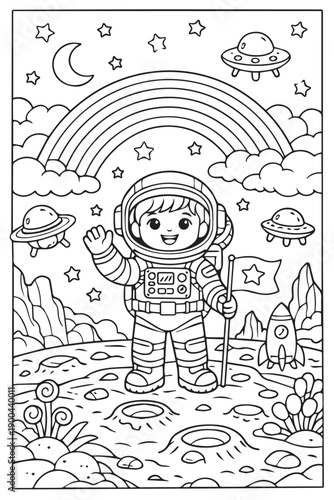 A charming vector shows a little astronaut child standing proudly on an outer space planet, expressing wonder, creativity, and childhood dreams through a colorful and joyful cosmic scene.