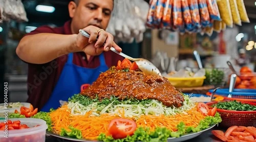Indian street food vendor preparing colorful chaat at night market