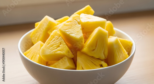 Delicious and nutritious golden pineapple chunks neatly arranged in a clean white bowl, highlighting the tropical freshness of this sweet fruit