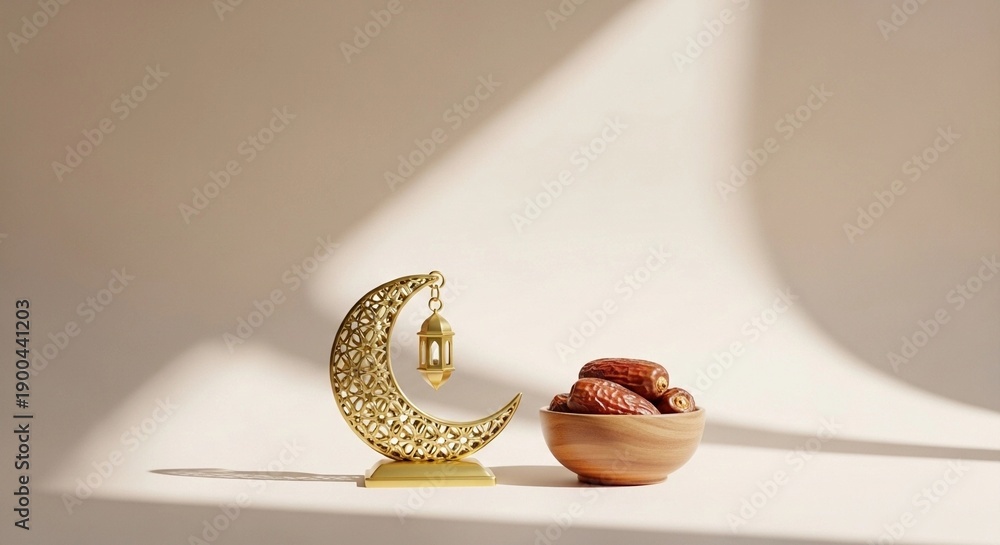 Naklejka premium Elegant Ramadan Still Life with Crescent Moon Ornament and Dates