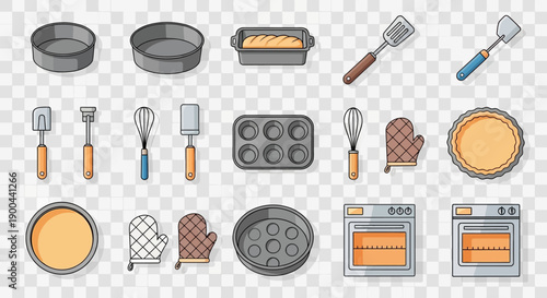 A comprehensive collection of baking tools and kitchen equipment including various pans, spatulas, whisks, oven mitts, and ovens, essential for home baking.