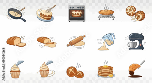 A collection of various baking and cooking process icons, including ingredients, tools, and finished baked goods like cakes, bread, pancakes, and croissants.