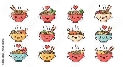 A collection of cute cartoon bowls of steaming Asian food with smiling faces and hearts, vector illustration.