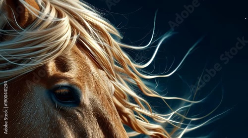 Majestic horse mane blowing in wind close up.