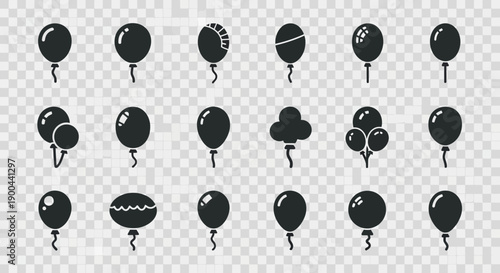 Collection of black silhouette balloon icons in various shapes and arrangements on a transparent background.