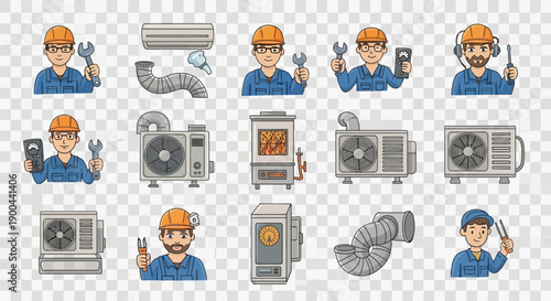 HVAC Technician with Various Equipment Icons.