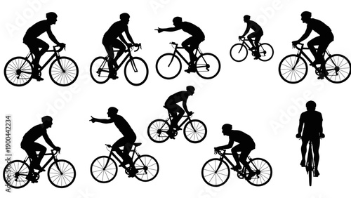 Cycling silhouettes vector set. Includes nine cyclist poses. Created in black silhouette style.