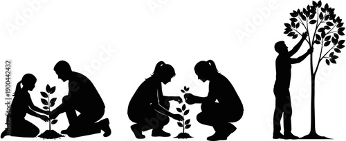 Silhouettes of people planting saplings and caring for trees, isolated black vector set for environmental conservation, gardening, and reforestation themes