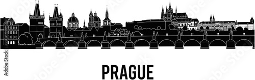 Prague city skyline silhouette featuring Charles Bridge and Prague Castle, black and white vector illustration for Czech Republic travel and tourism