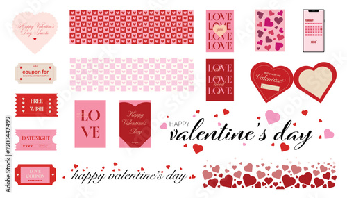 Valentines Day love typography posters heart confetti borders romantic coupon tickets and February calendar icons for greetings invitations social posts and seasonal marketing projects